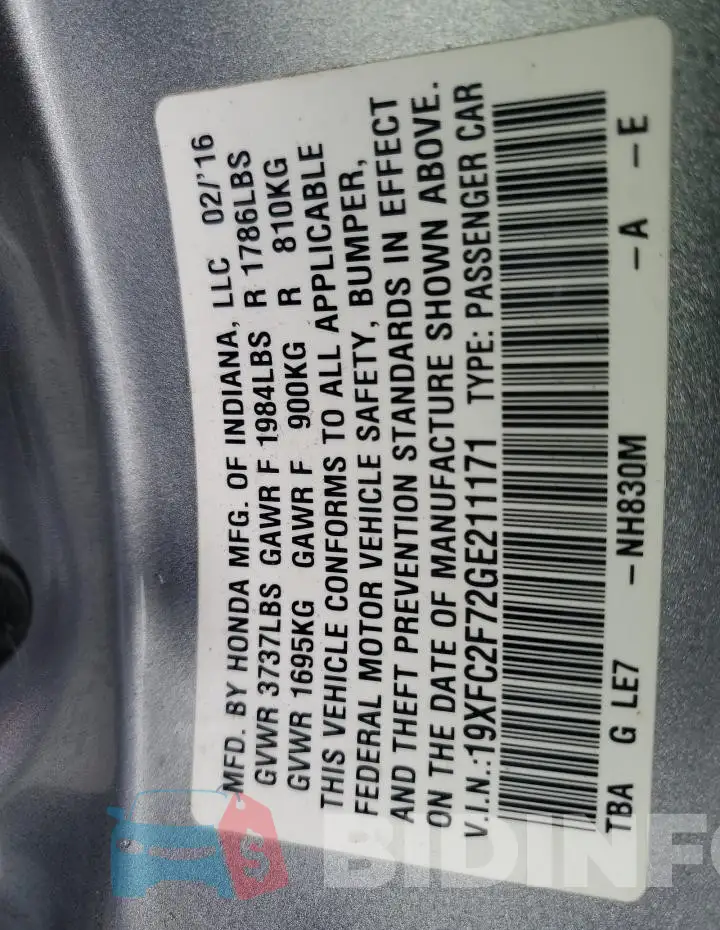 19XFC2F72GE211171 Photo# 12