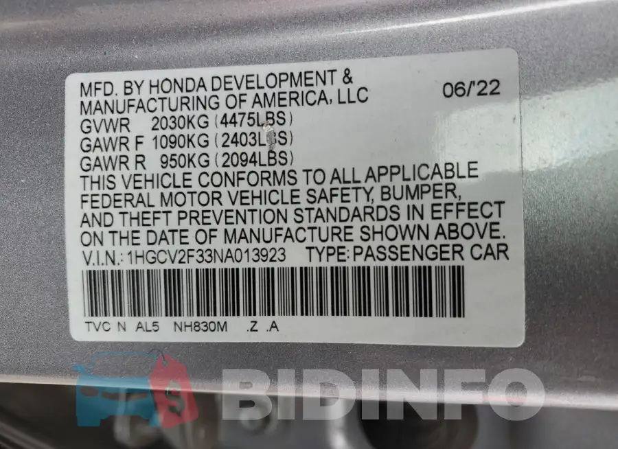 1HGCV2F33NA013923 Photo# 12