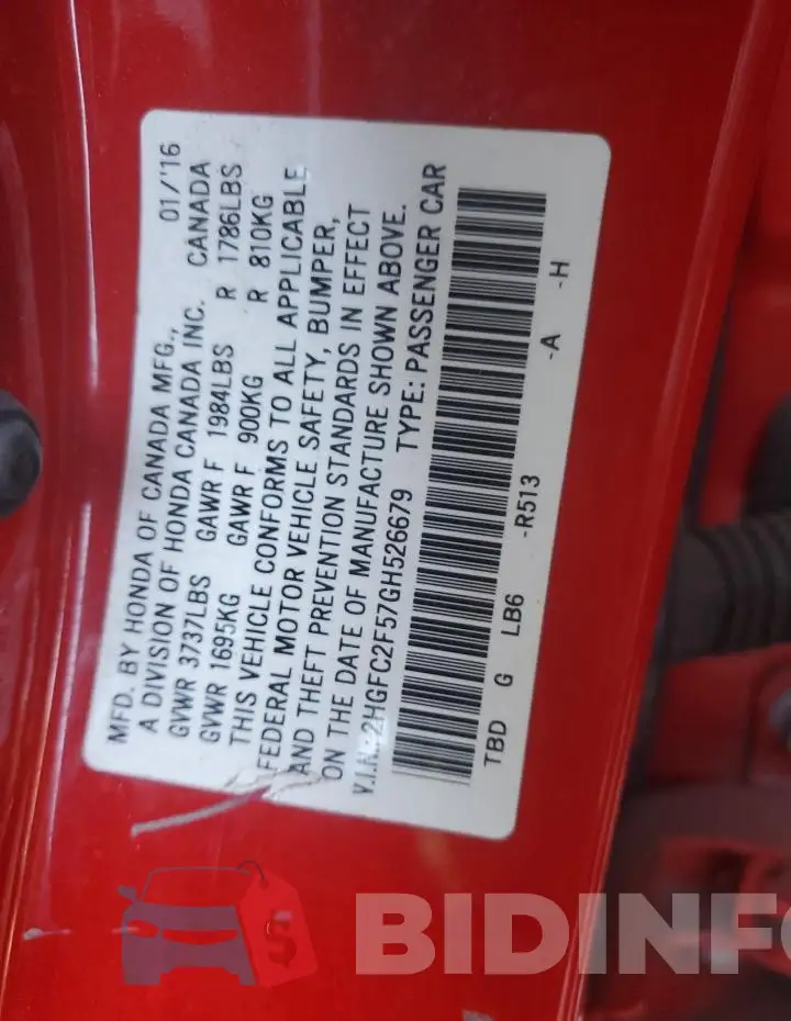 2HGFC2F57GH526679 Photo# 12