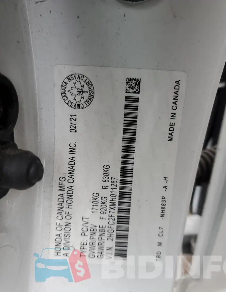 2HGFC2F7XMH011267 Photo# 13