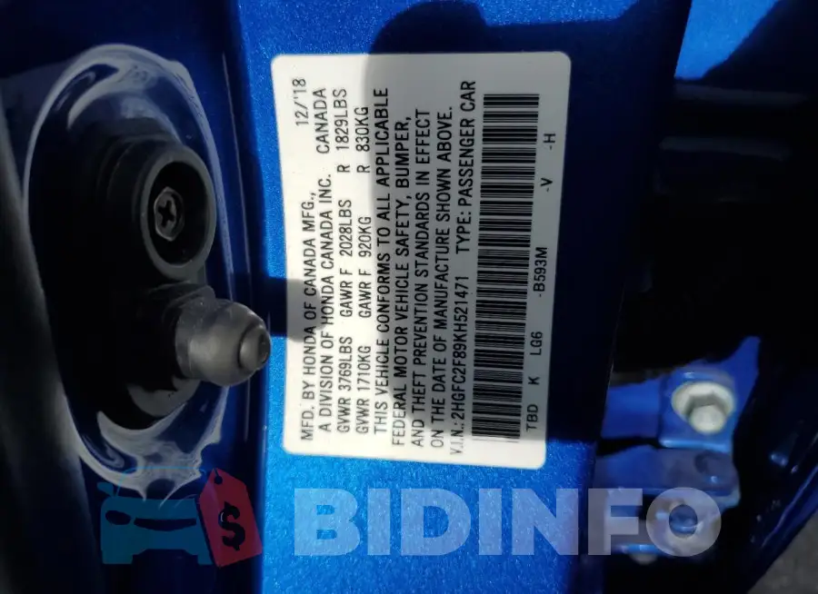 2HGFC2F89KH521471 Photo# 12