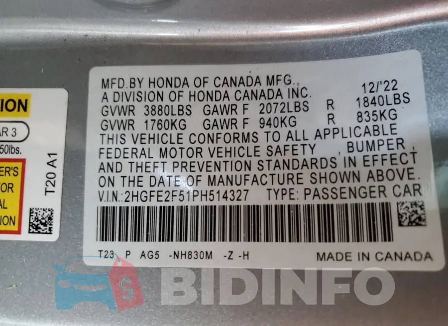 2HGFE2F51PH514327 Photo# 12