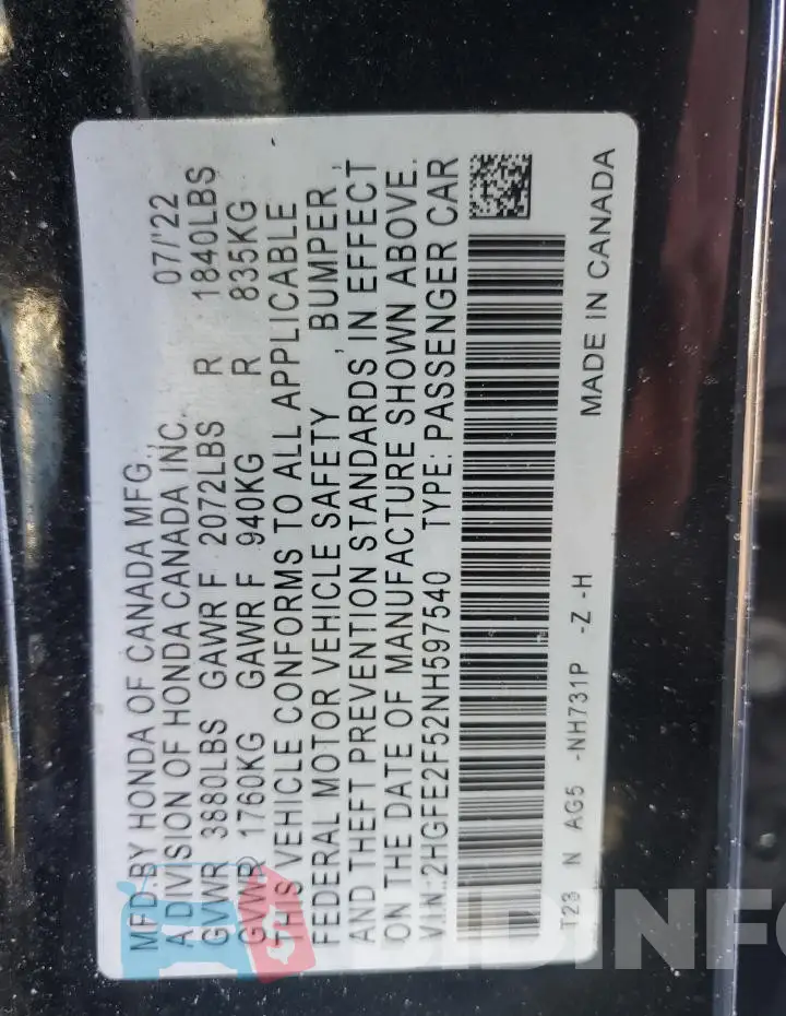 2HGFE2F52NH597540 Photo# 12