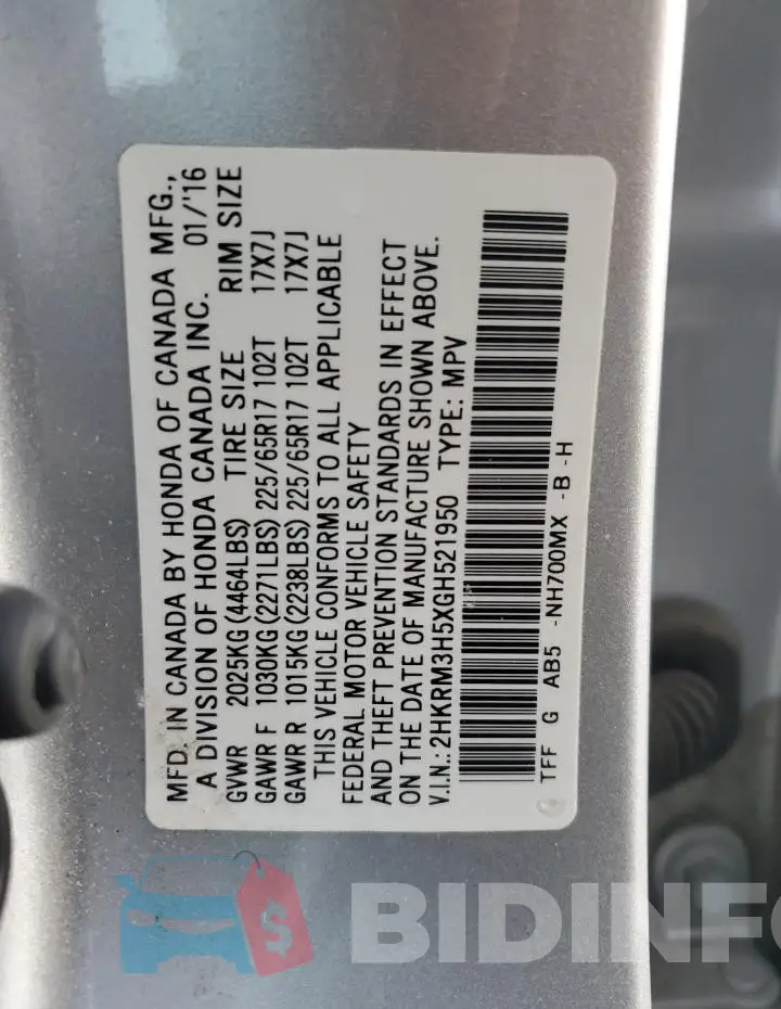 2HKRM3H5XGH521950 Photo# 13