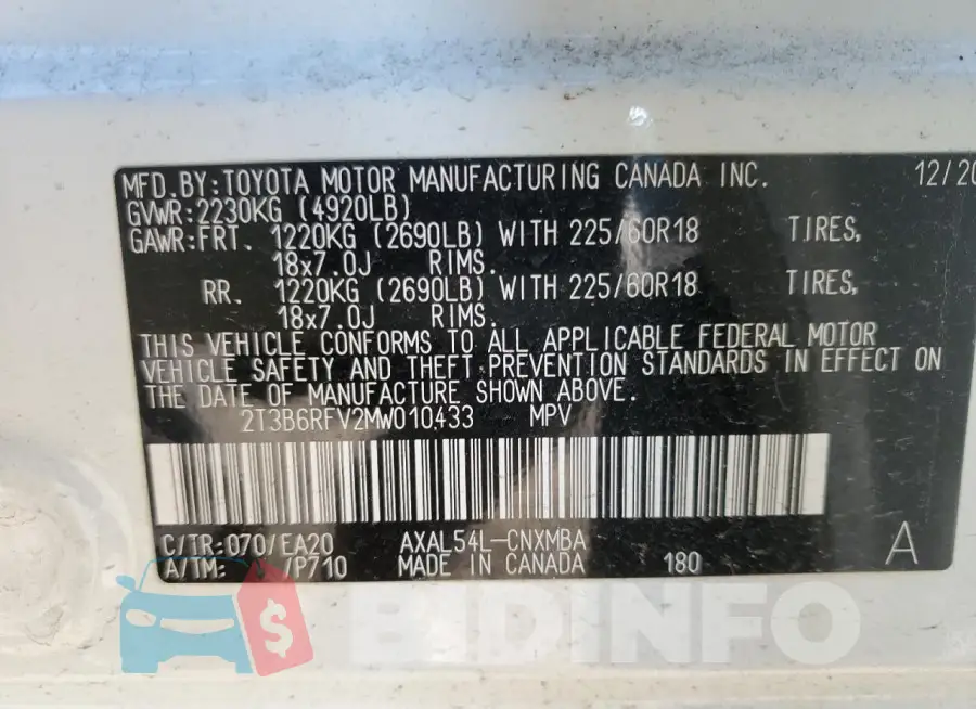 2T3B6RFV2MW010433 Photo# 13