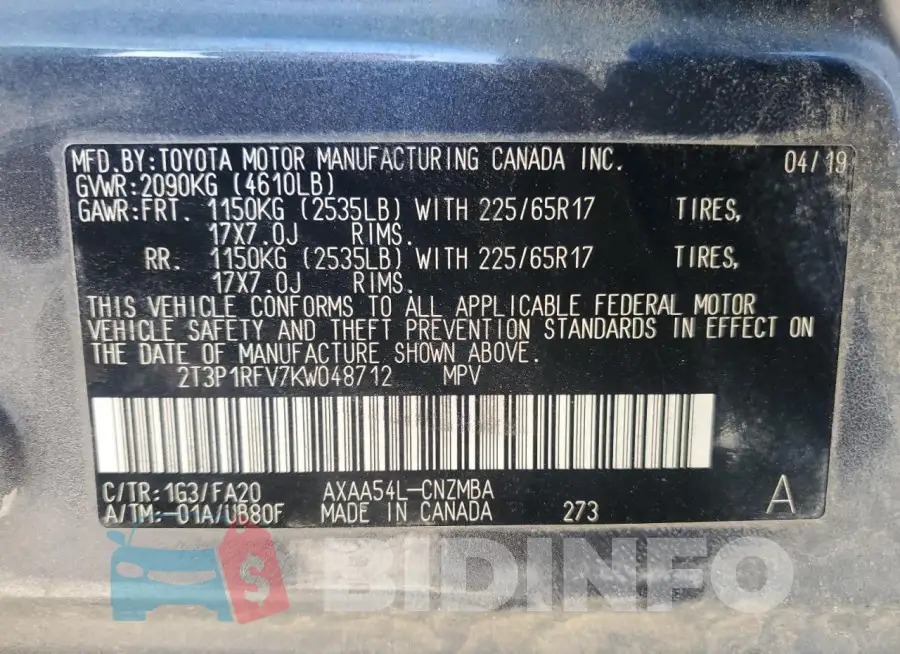 2T3P1RFV7KW048712 Photo# 13