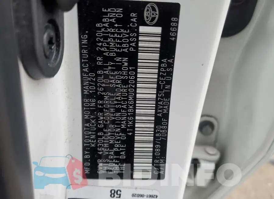4T1K61BK6MU020601 Photo# 12