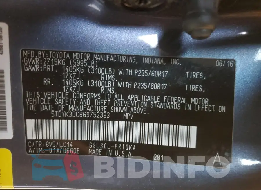 5TDYK3DC8GS752393 Photo# 13