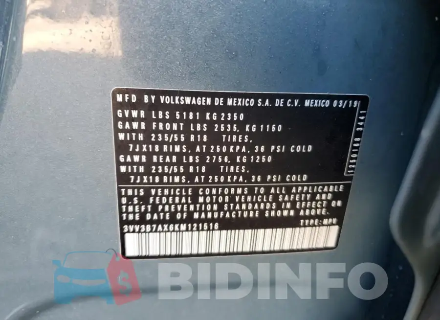 3VV3B7AX6KM121516 Photo# 13