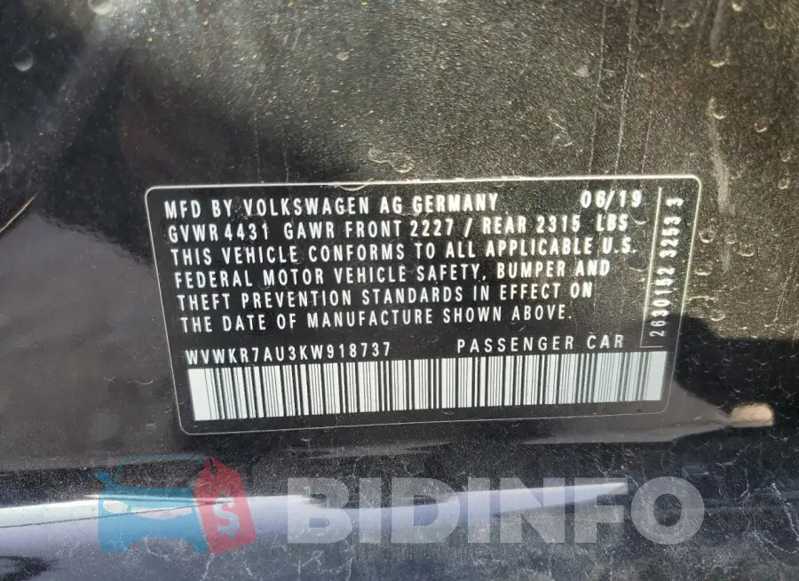 WVWKR7AU3KW918737 Photo# 12