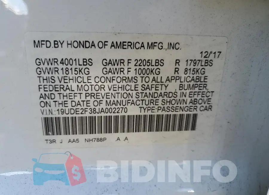 19UDE2F38JA002270 Photo# 12