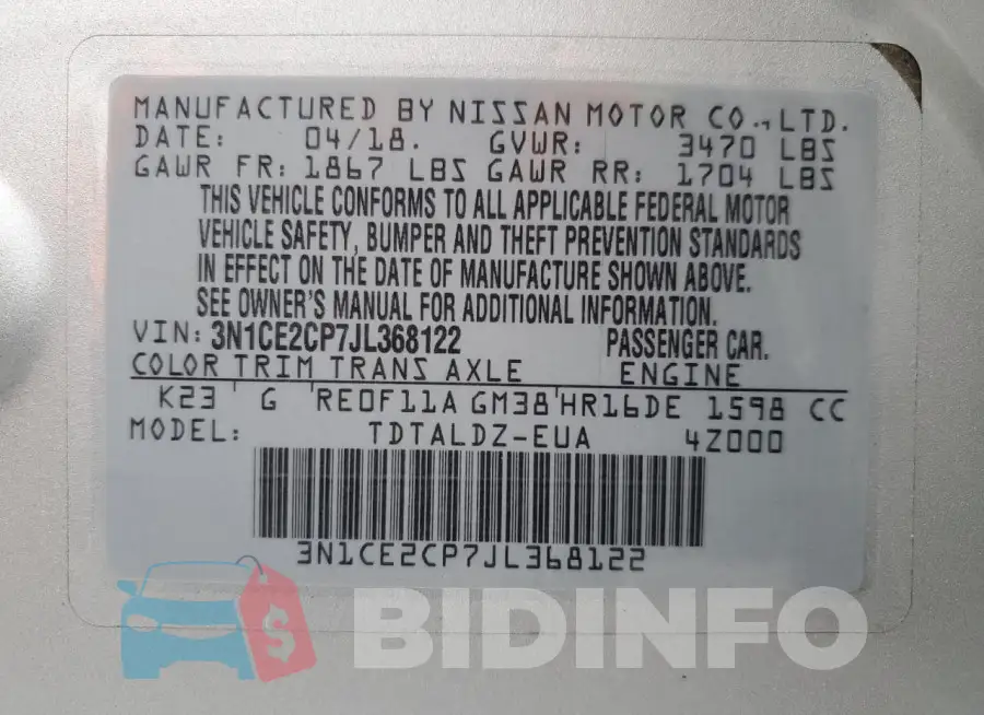 3N1CE2CP7JL368122 Photo# 12
