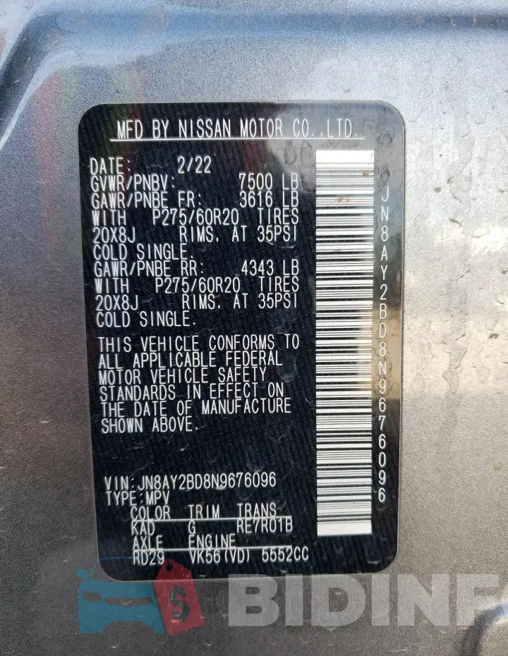 JN8AY2BD8N9676096 Photo# 14