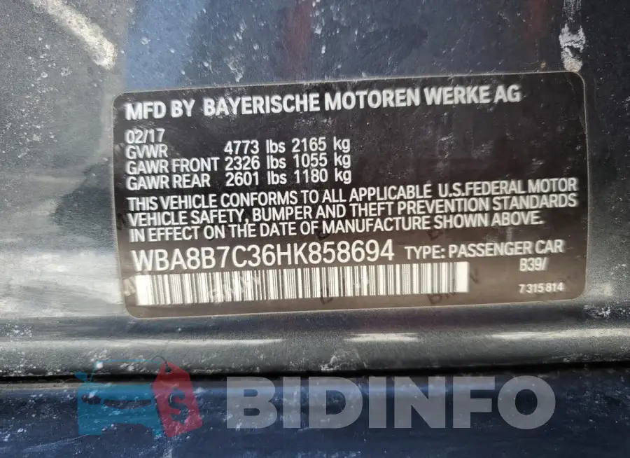 WBA8B7C36HK858694 Photo# 12