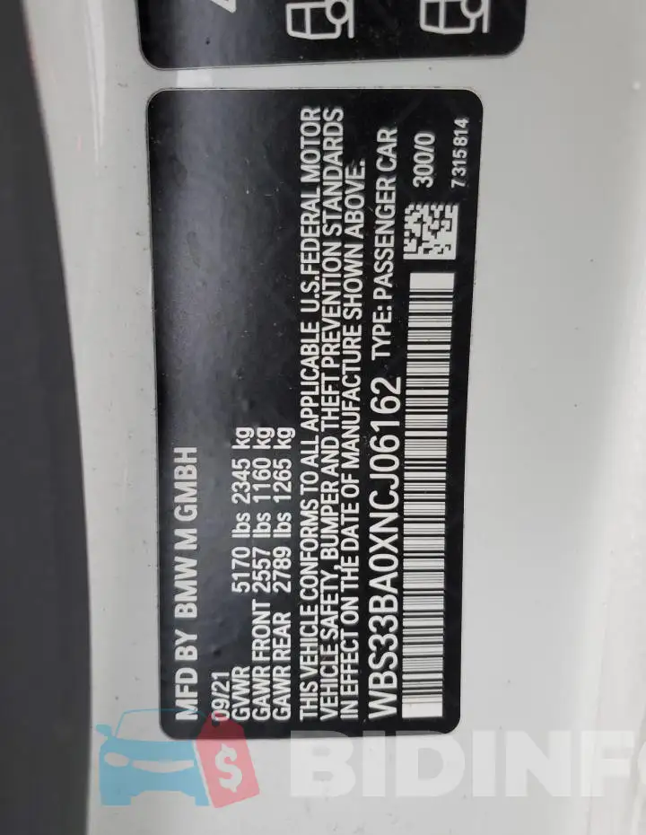 WBS33BA0XNCJ06162 Photo# 12
