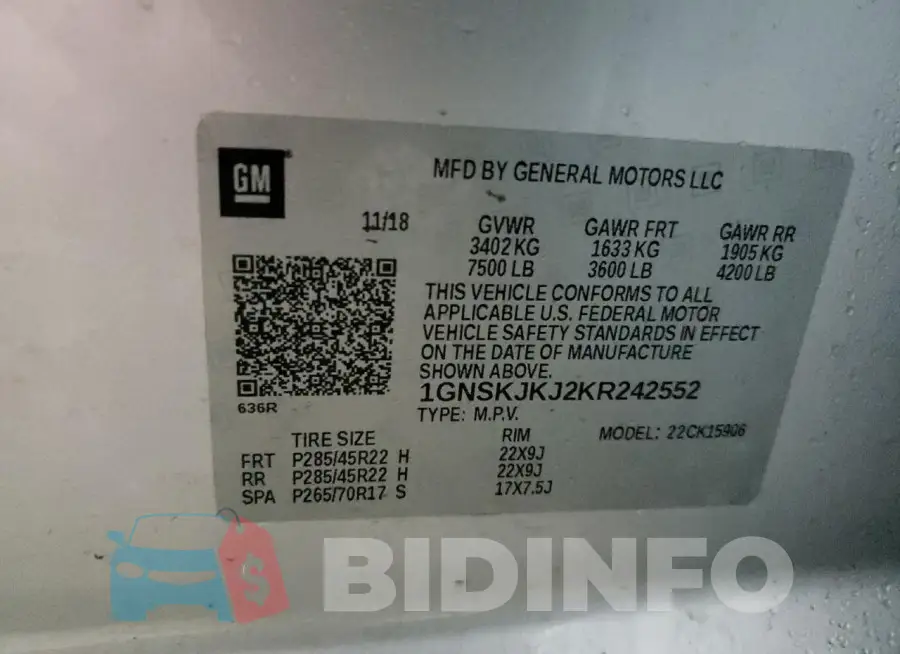 1GNSKJKJ2KR242552 Photo# 13