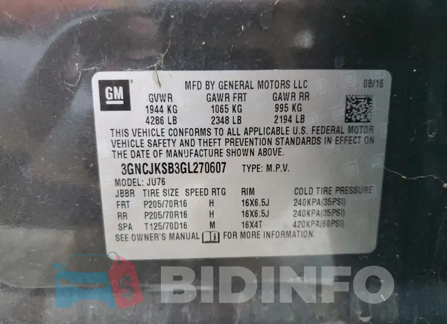 3GNCJKSB3GL270607 Photo# 12