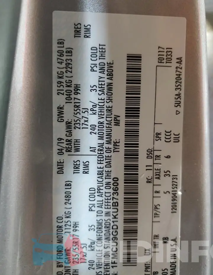 1FMCU9GD1KUB73600 Photo# 13