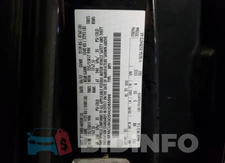 1FMCU9GD5HUD85599 Photo# 12