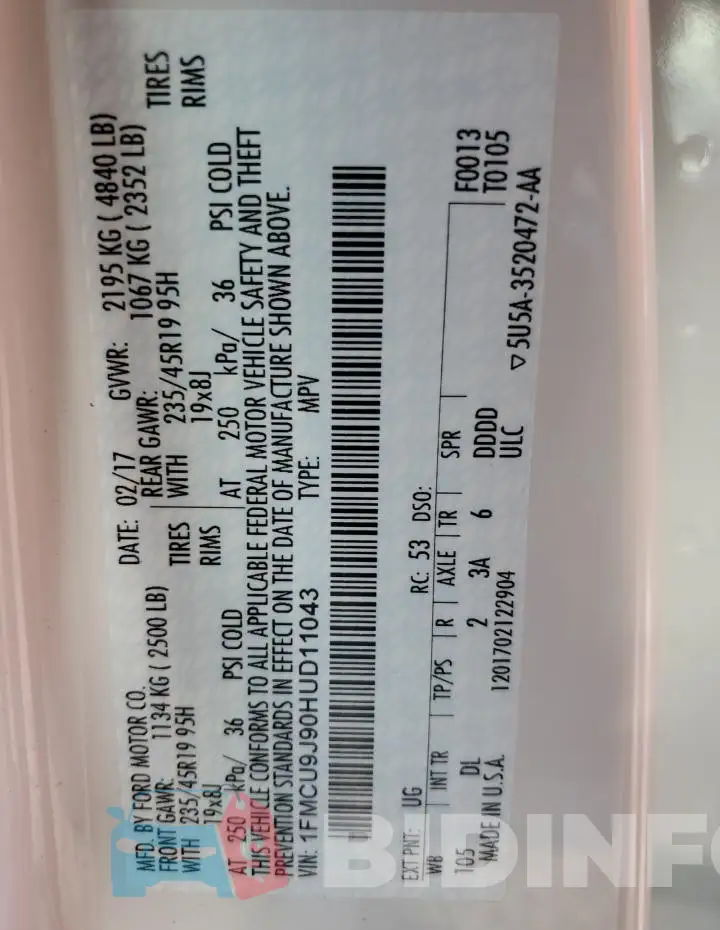 1FMCU9J90HUD11043 Photo# 13