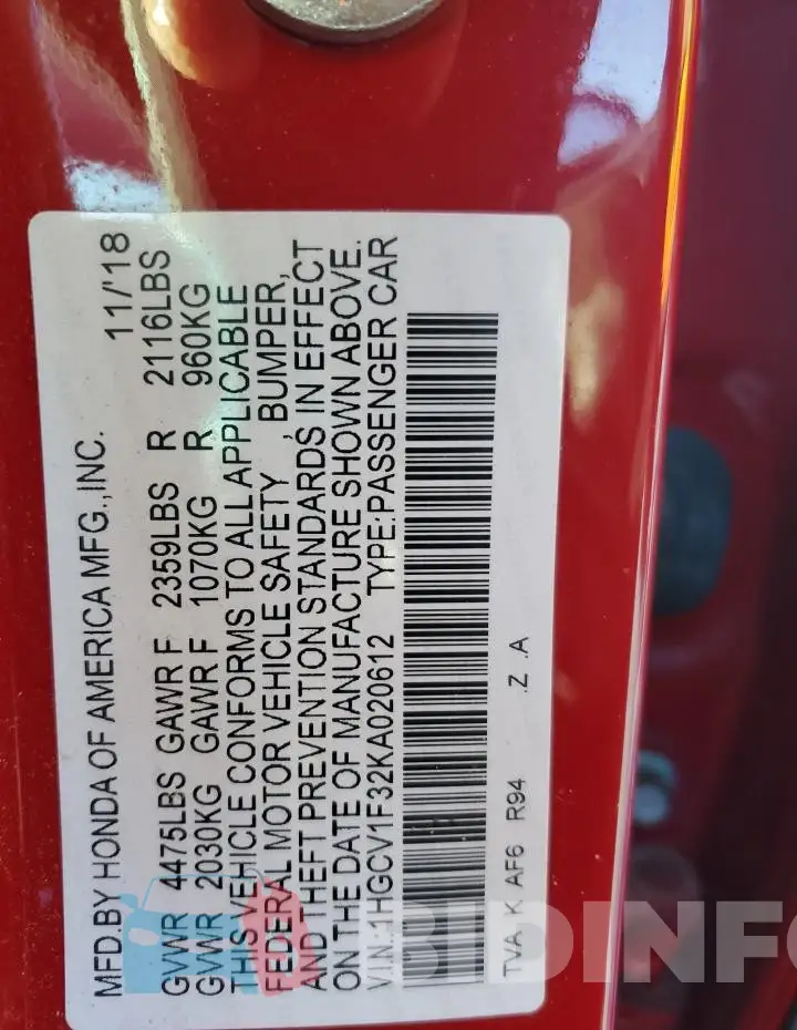 1HGCV1F32KA020612 Photo# 12