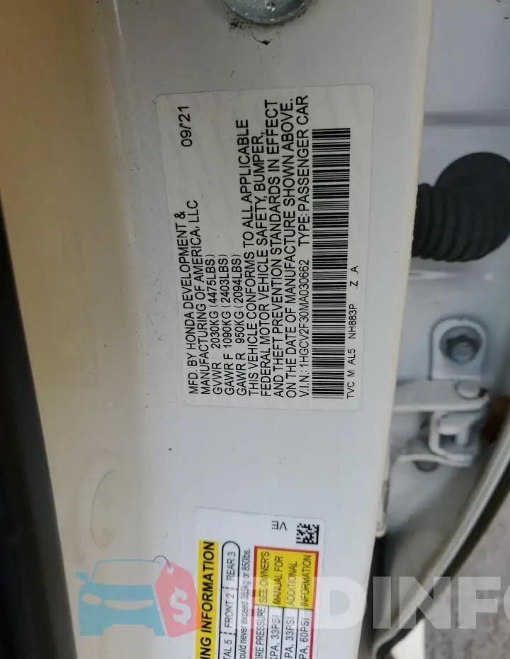 1HGCV2F30MA030662 Photo# 13