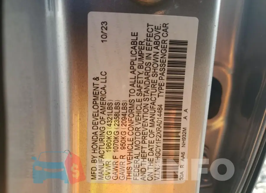 1HGCY1F2XRA014484 Photo# 12