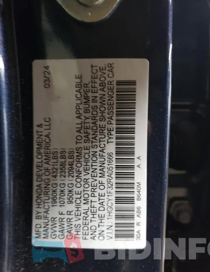 1HGCY1F32RA051666 Photo# 12