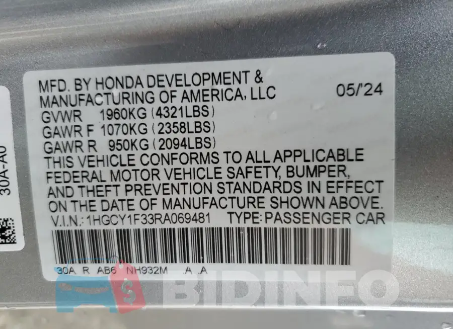 1HGCY1F33RA069481 Photo# 12