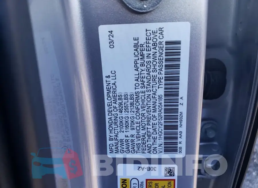 1HGCY2F52RA054185 Photo# 12