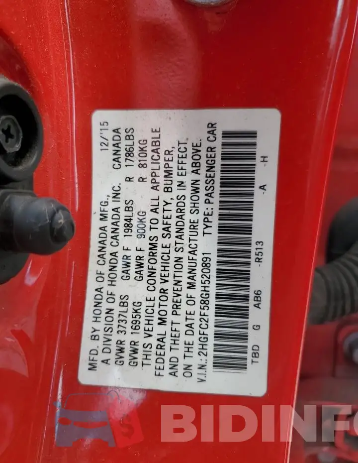 2HGFC2F58GH520891 Photo# 12