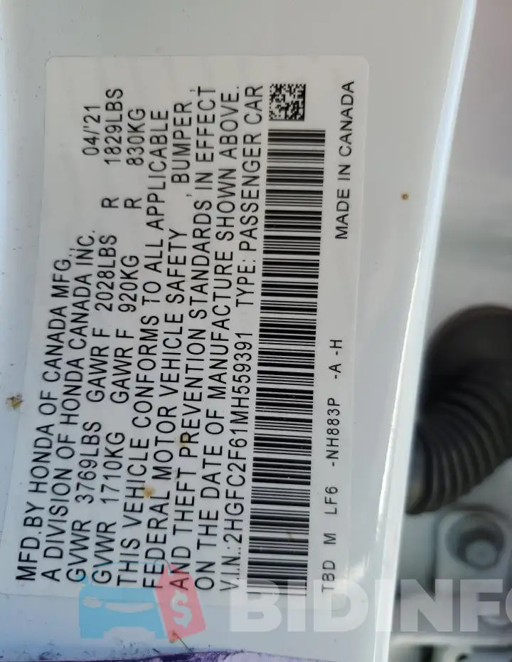 2HGFC2F61MH559391 Photo# 12