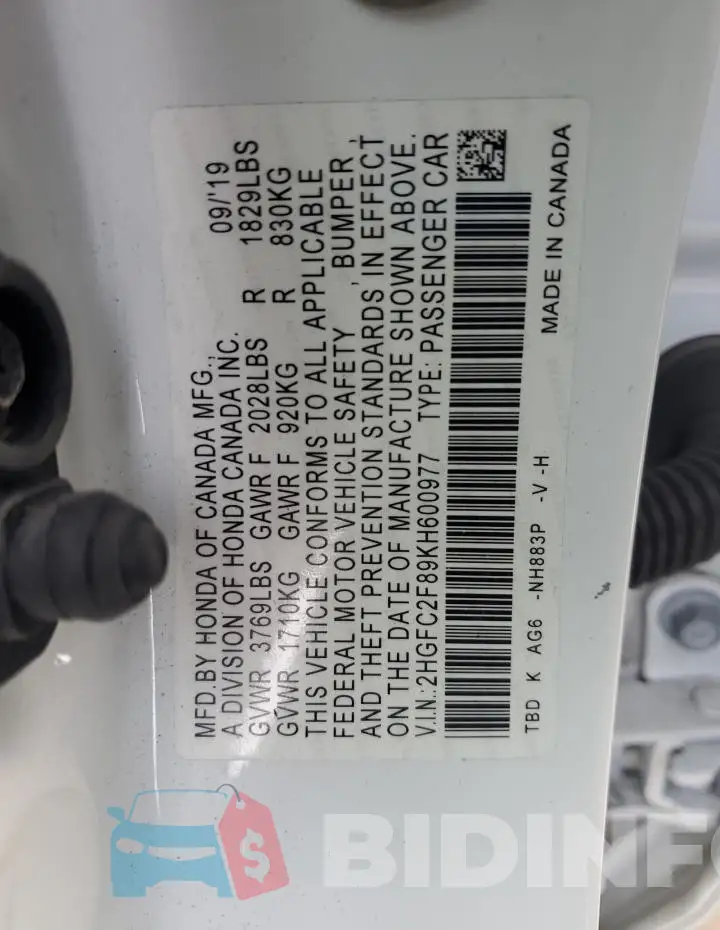 2HGFC2F89KH600977 Photo# 12