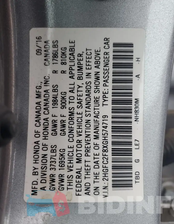 2HGFC2F8XGH574719 Photo# 13