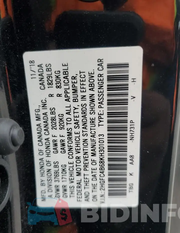2HGFC4B68KH301013 Photo# 13