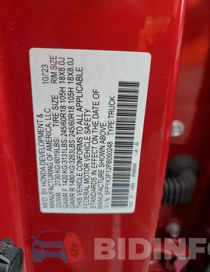 5FPYK3F12PB060248 Photo# 12