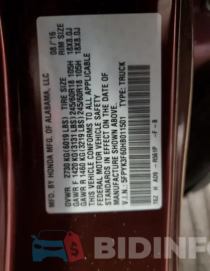 5FPYK3F60HB011501 Photo# 12