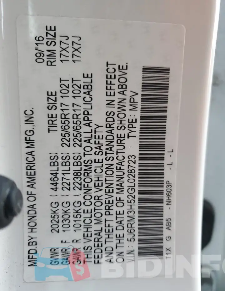 5J6RM3H52GL028723 Photo# 13