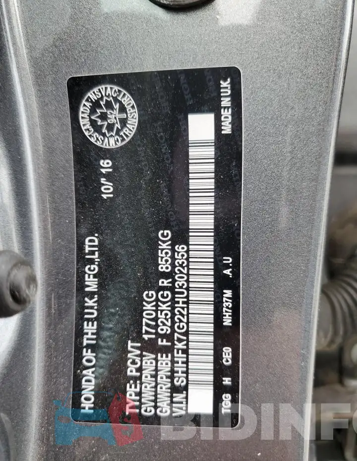 SHHFK7G22HU302356 Photo# 12