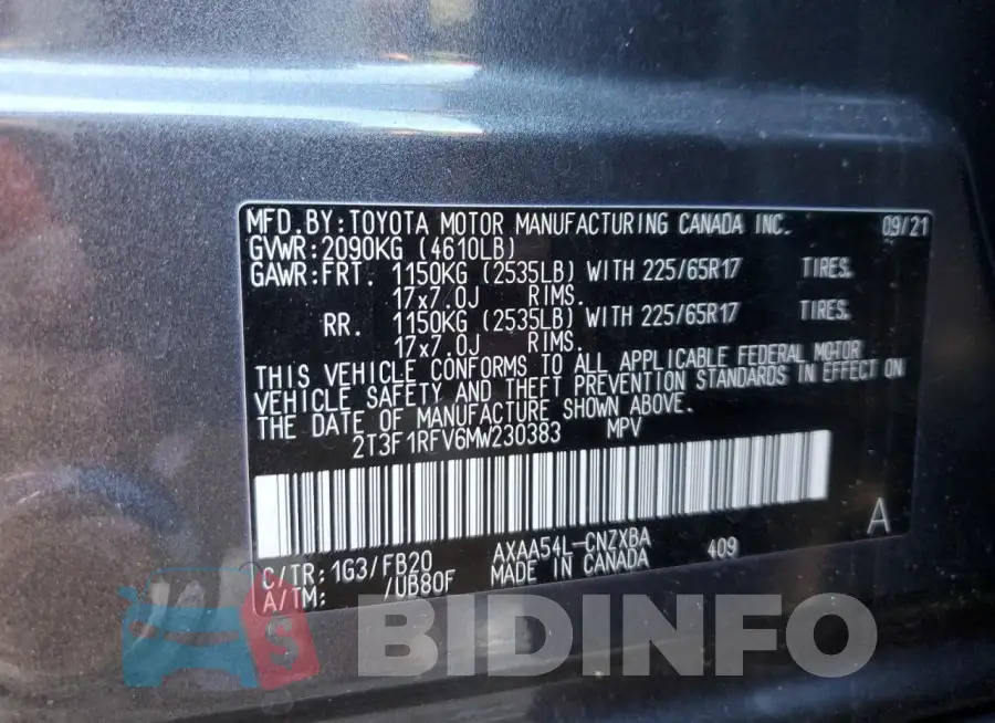 2T3F1RFV6MW230383 Photo# 14