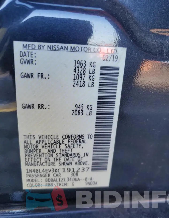 1N4BL4EV3KC191237 Photo# 12
