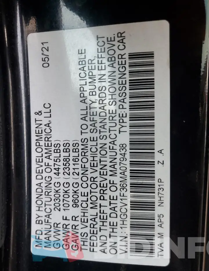 1HGCV1F36MA079438 Photo# 12
