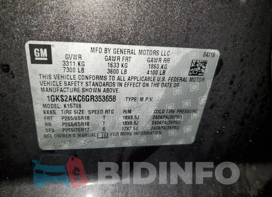 1GKS2AKC6GR353658 Photo# 13