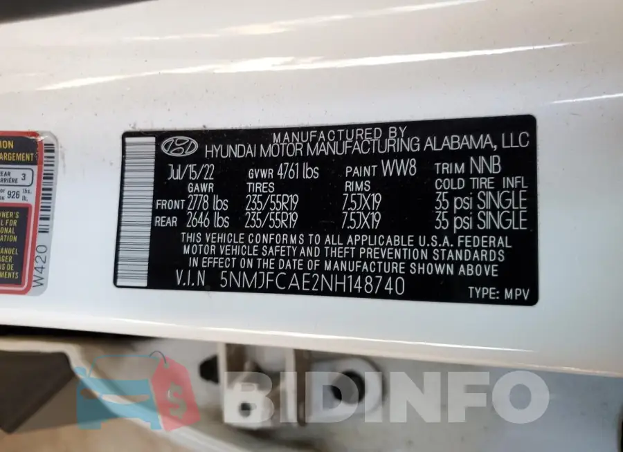 5NMJFCAE2NH148740 Photo# 14