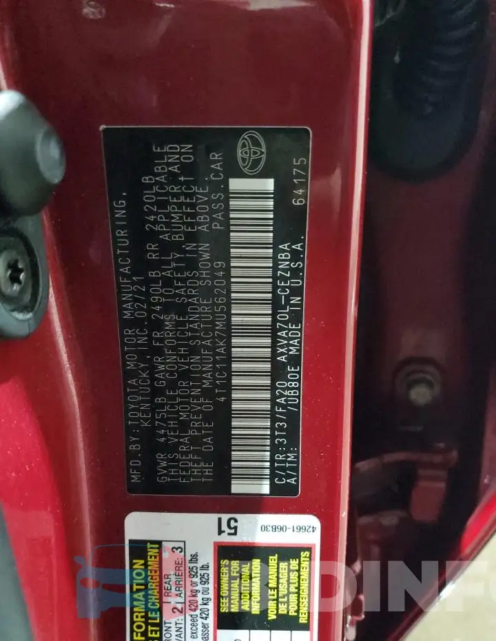 4T1C11AK7MU562049 Photo# 12