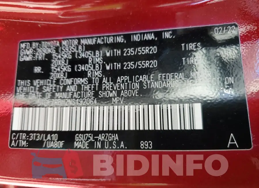 5TDFZRBH2NS192064 Photo# 14