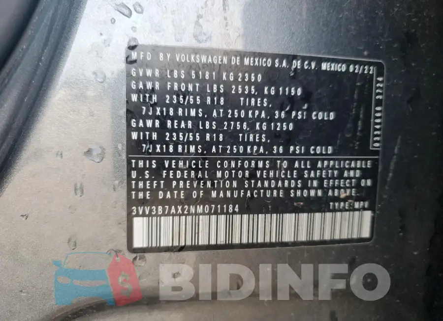 3VV3B7AX2NM071184 Photo# 13
