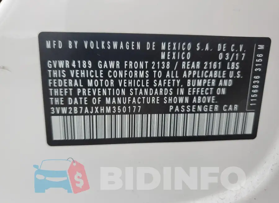 3VW2B7AJXHM350177 Photo# 12