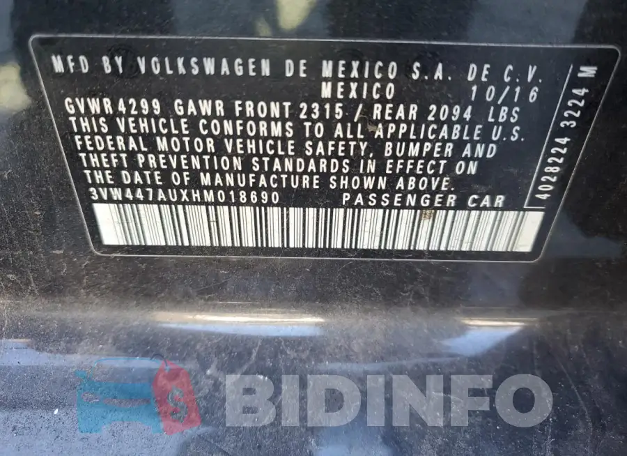3VW447AUXHM018690 Photo# 12