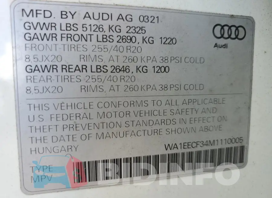 WA1EECF34M1110005 Photo# 13